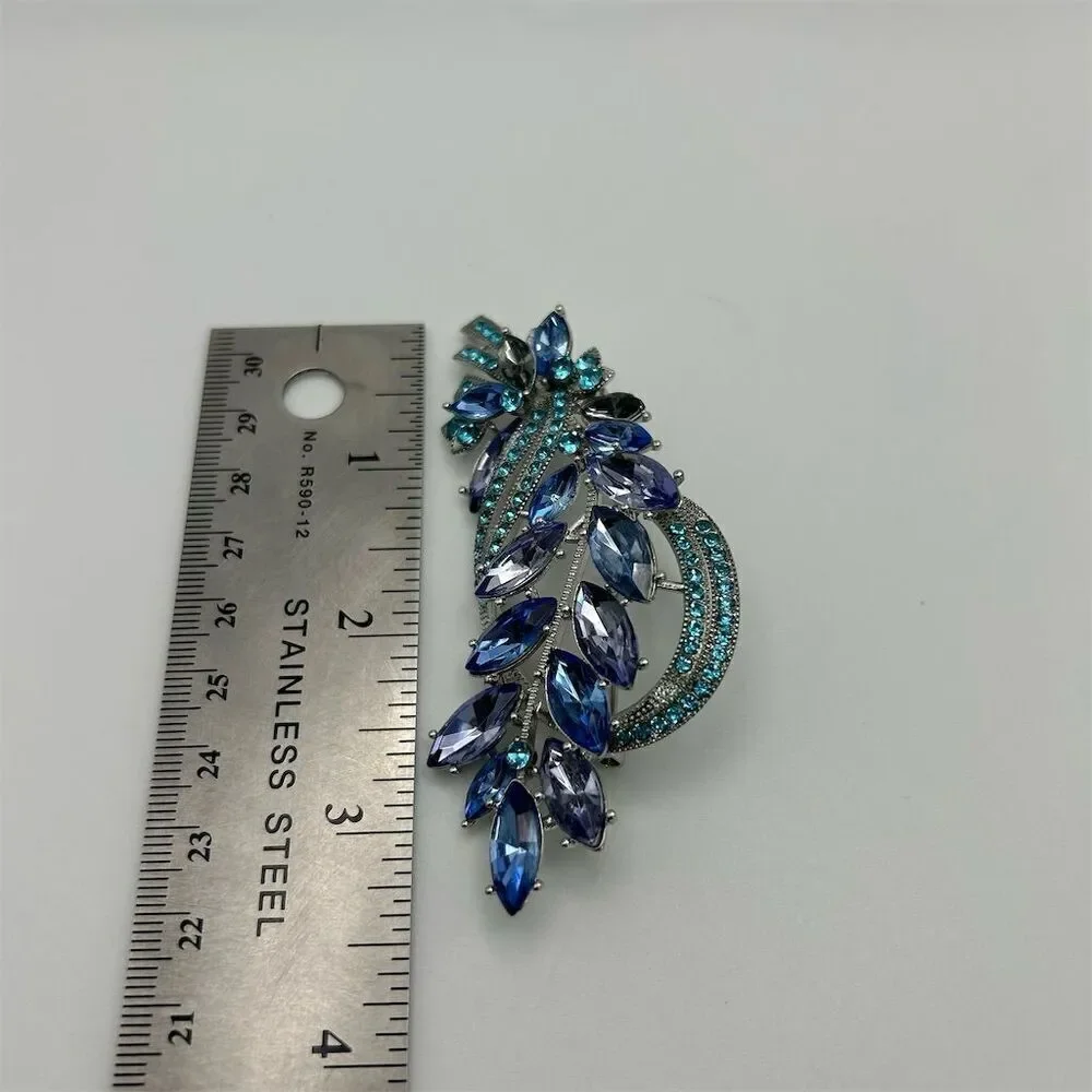 Elegant Blue & Purple Prong Set Rhinestones Large Leaf Brooch Swirl Sparkle